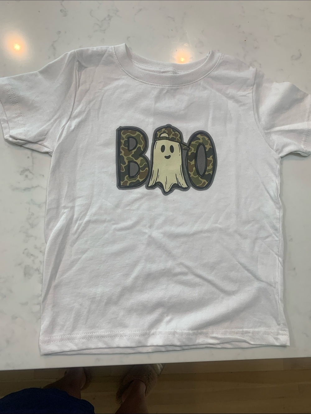 Rabbit Skins White Tee with Camo 'BOO' and Ghost Graphic